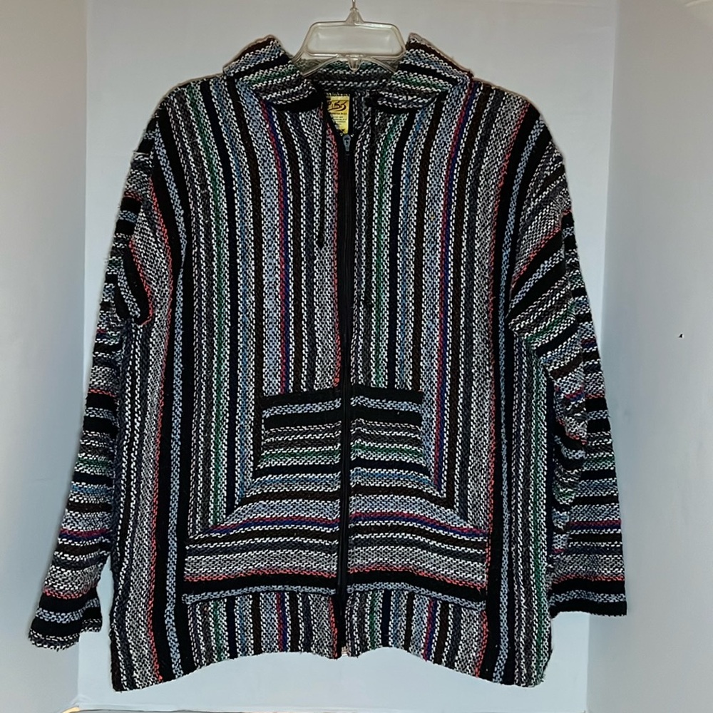 Franks Textile Mexican Blanket Jacket Size M Baja Hoodie Pocket Zip Colorful